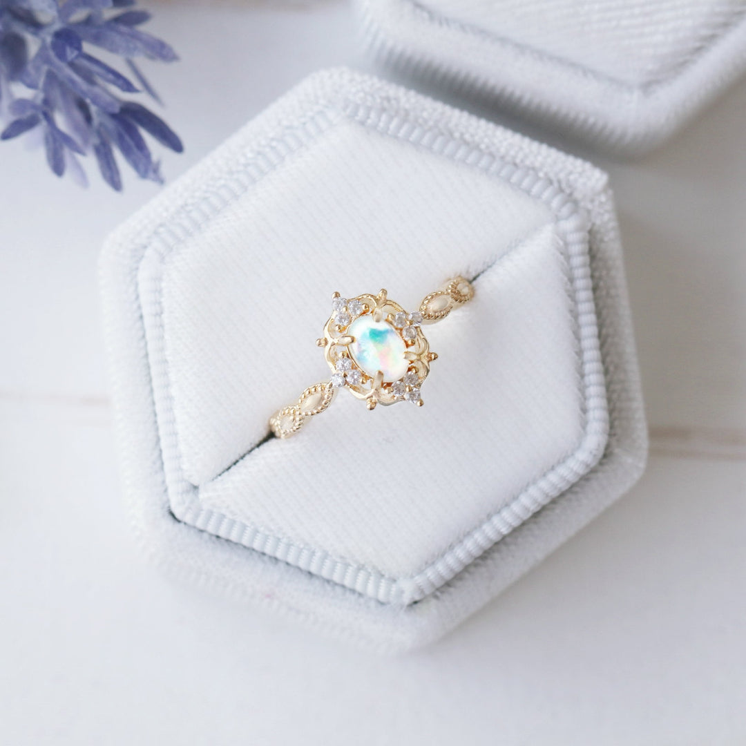 Claire Natural Australian Opal Engagement Ring- 10K 14K 18K Solid Gold