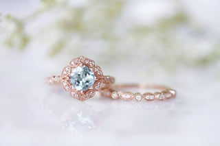 Art Deco Aquamarine Engagement Ring in Solid 14K Rose Gold