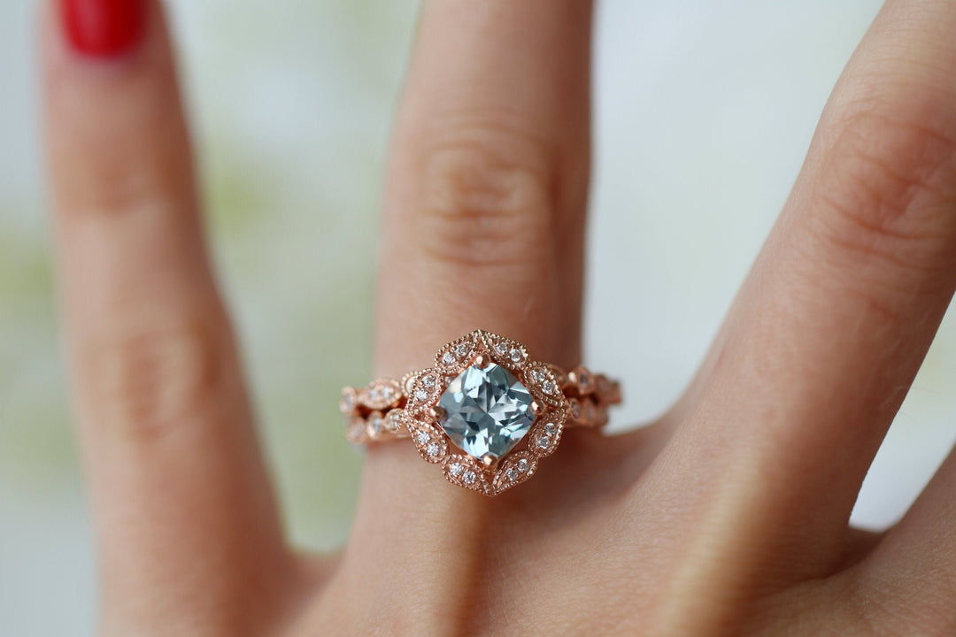 Luxe Aquamarine Engagement Ring- 10K/14K/18K Solid Rose Gold