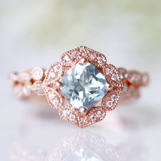 Art Deco Aquamarine Engagement Ring in Solid 14K Rose Gold