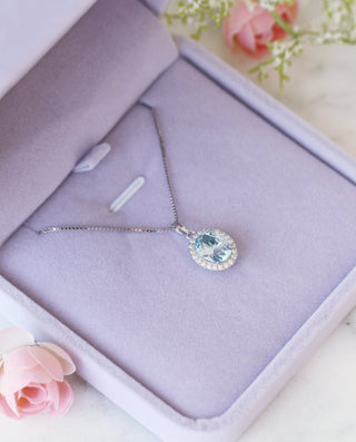 Iris Halo Oval Aquamarine Necklace in Sterling Silver