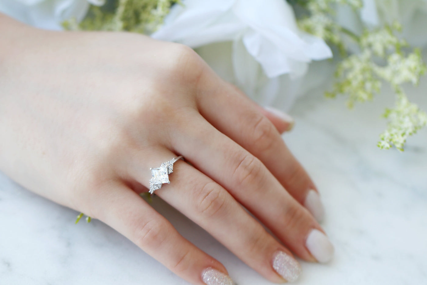 Kite Moissanite Engagement Ring- 14K White Gold Diamond Ring