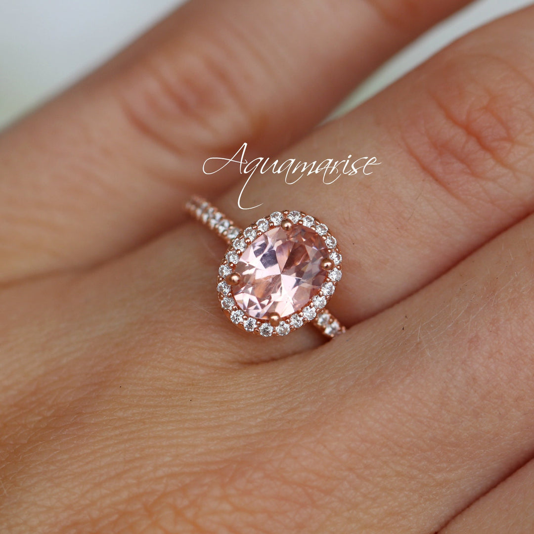 Iris Oval Halo Morganite Engagement Ring- 14K Solid Rose Gold