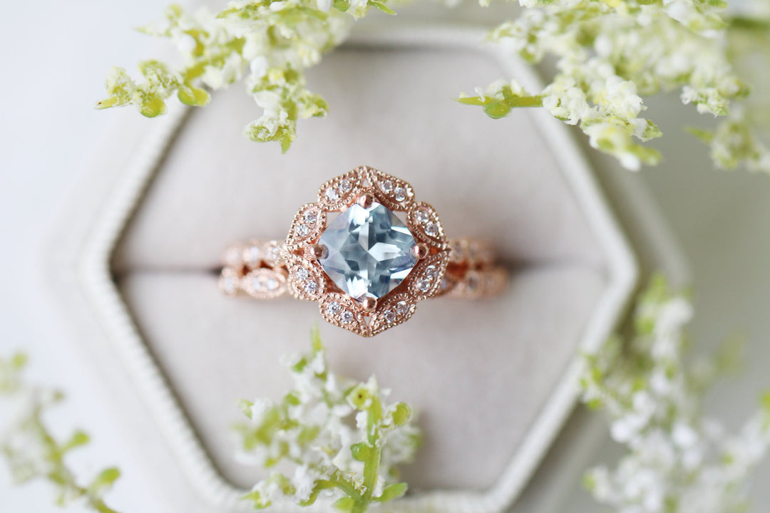 Luxe Aquamarine Engagement Ring- 10K/14K/18K Solid Rose Gold