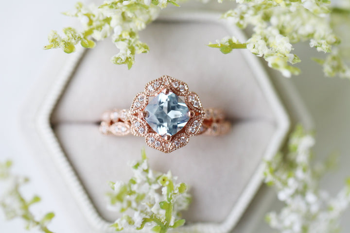 Luxe Aquamarine Engagement Ring- 10K/14K/18K Solid Rose Gold