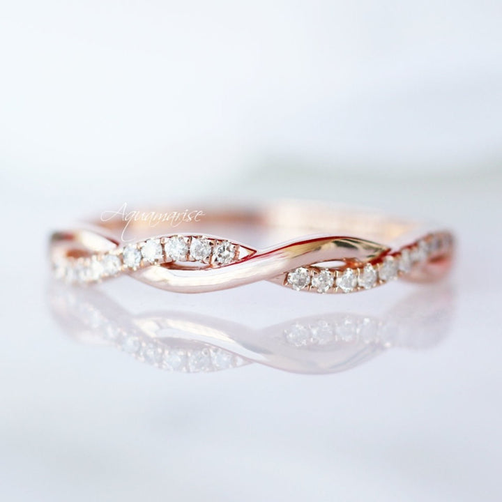 Petite Twisted Vine Diamond Wedding Band- 10K 14K 18K Solid Rose Gold