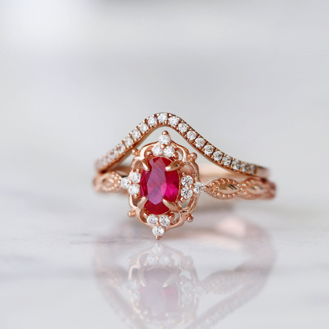 Claire Vintage Ruby Engagement Ring- 14K Solid Rose Gold