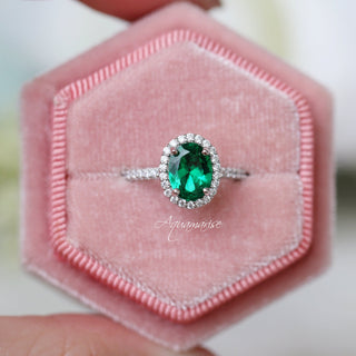 Iris Halo Oval Emerald Ring in Sterling Silver
