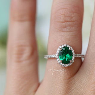 Iris Halo Oval Emerald Ring in Sterling Silver
