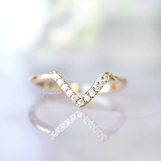 Petite Chevron Natural Diamond or Moissanite Wedding Band in 14K Solid Yellow Gold