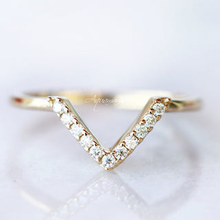 Petite Chevron Natural Diamond or Moissanite Wedding Band in 14K Solid Yellow Gold
