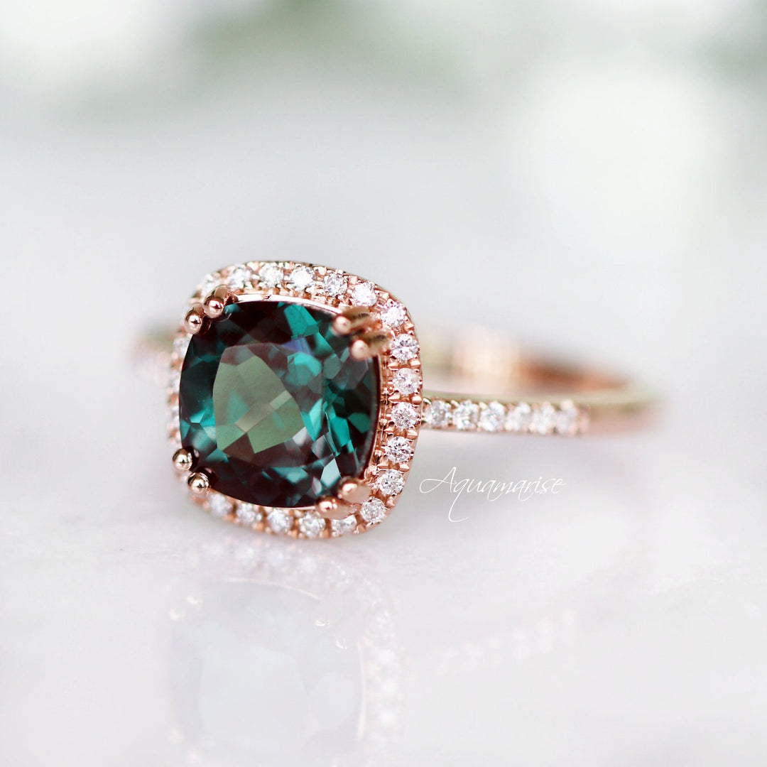 Sienna Cushion Cut Alexandrite Engagement Ring- 14K Solid Rose Gold