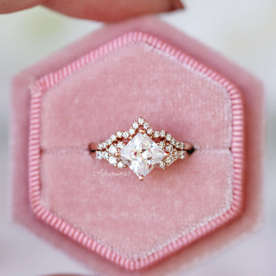 Ellie Princess Cut Moissanite Engagement Ring Set- 14K Solid Rose Gold