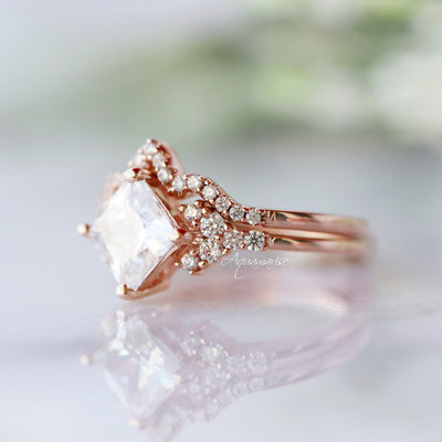 Ellie Princess Cut Moissanite Engagement Ring Set- 14K Solid Rose Gold