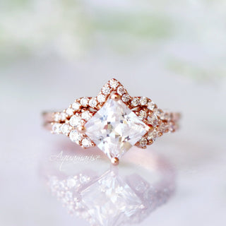 Ellie Princess Cut Moissanite Engagement Ring Set in 14K Solid Rose Gold