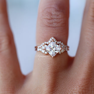 Ellie Princess Cut Moissanite Engagement Ring Set in 14K Solid Rose Gold