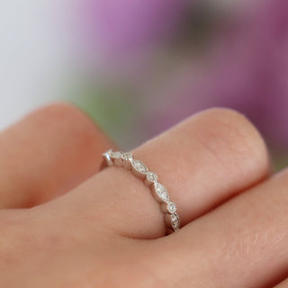 Vintage Simulated Diamond Wedding Band in Sterling Silver by Aquamarise, featuring Art Deco milgrain detailing for a unique, elegant look in Women’s Sterling Silver Wedding Bands.