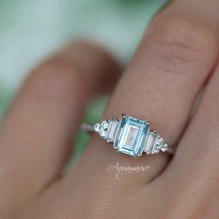 Amelia Emerald Cut Aquamarine Engagement Ring in Sterling Silver