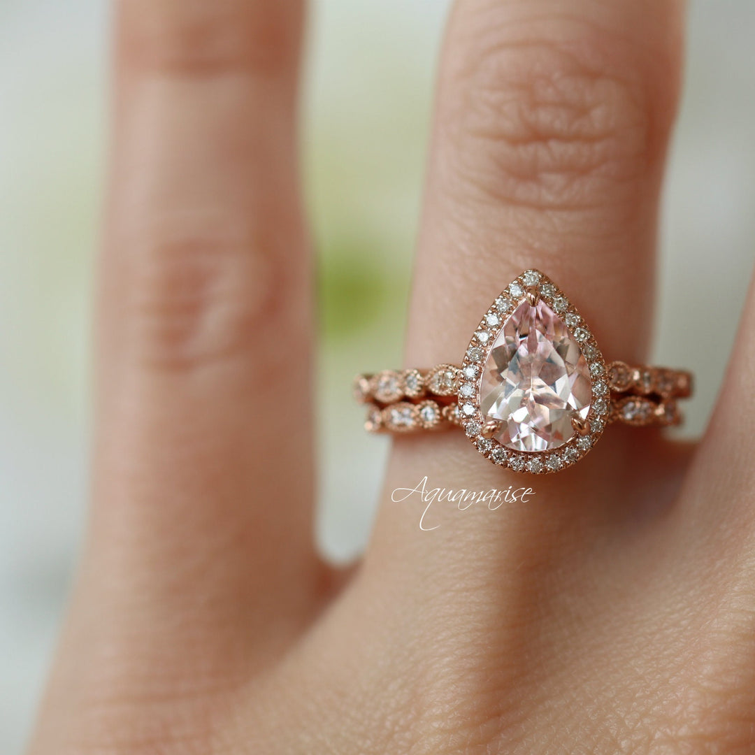 Luxe Teardrop Morganite Engagement Ring- 14K Solid Rose Gold