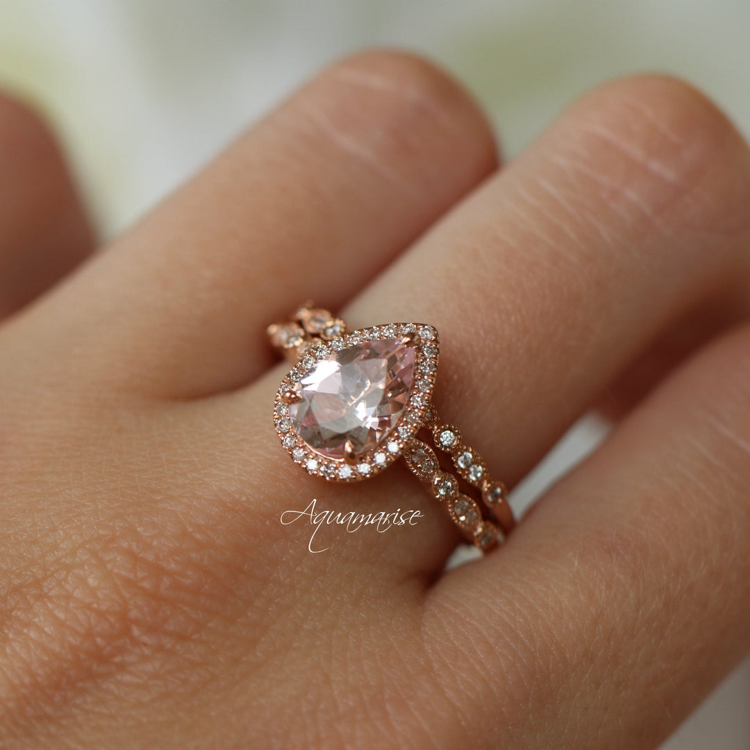 Luxe Teardrop Morganite Engagement Ring- 14K Solid Rose Gold