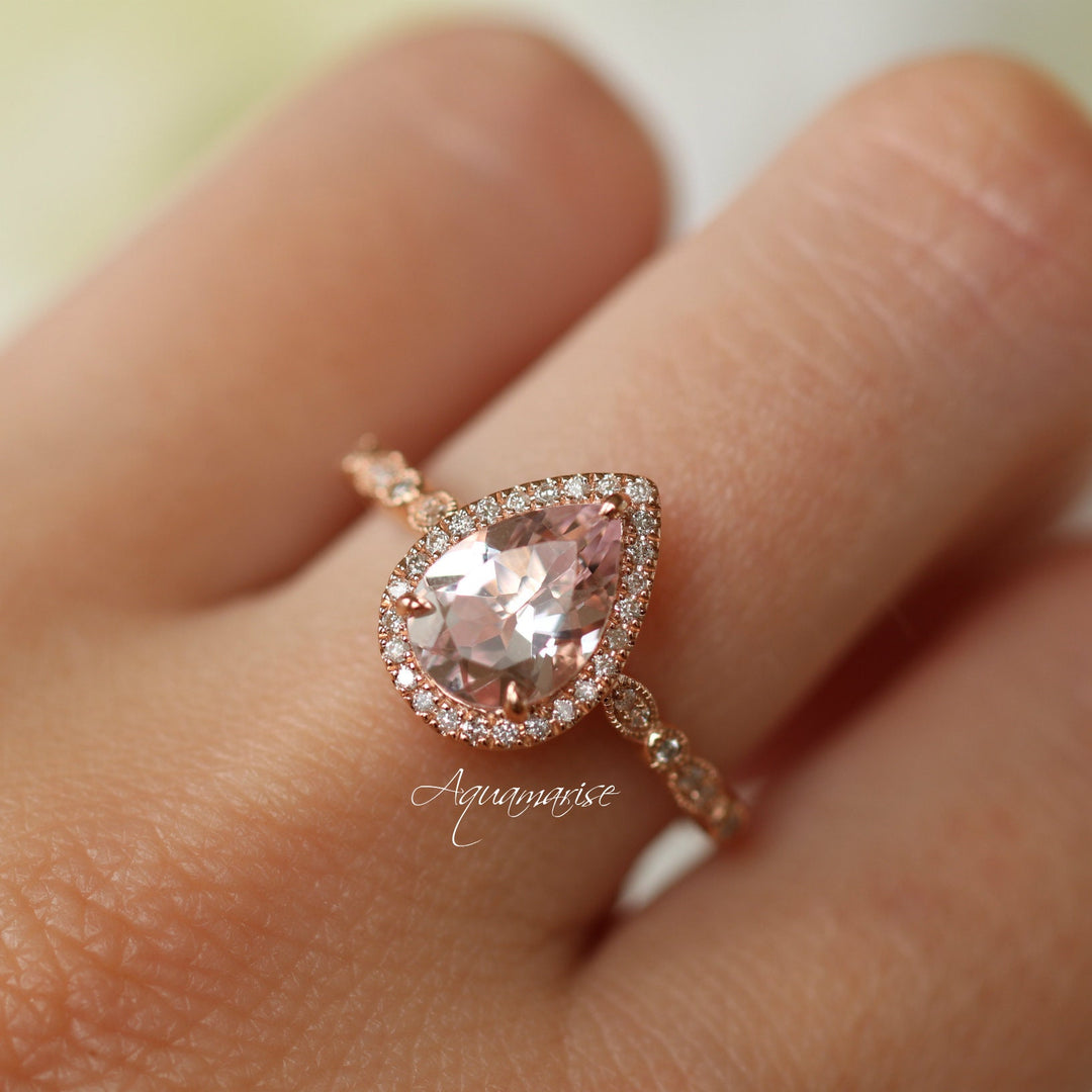 Luxe Teardrop Morganite Engagement Ring- 14K Solid Rose Gold