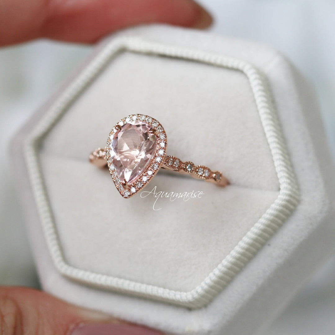 Luxe Teardrop Morganite Engagement Ring- 14K Solid Rose Gold