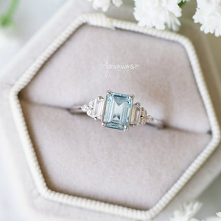 Amelia Emerald Cut Aquamarine Engagement Ring in Sterling Silver