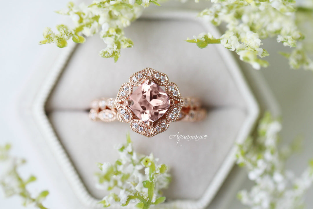 Luxe Morganite Engagement Ring- 10K/14K/18K Solid Rose Gold