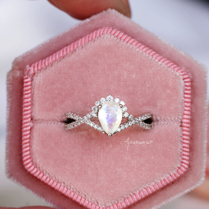 Alice Rainbow Natural Moonstone Engagement Ring- 14K White Gold