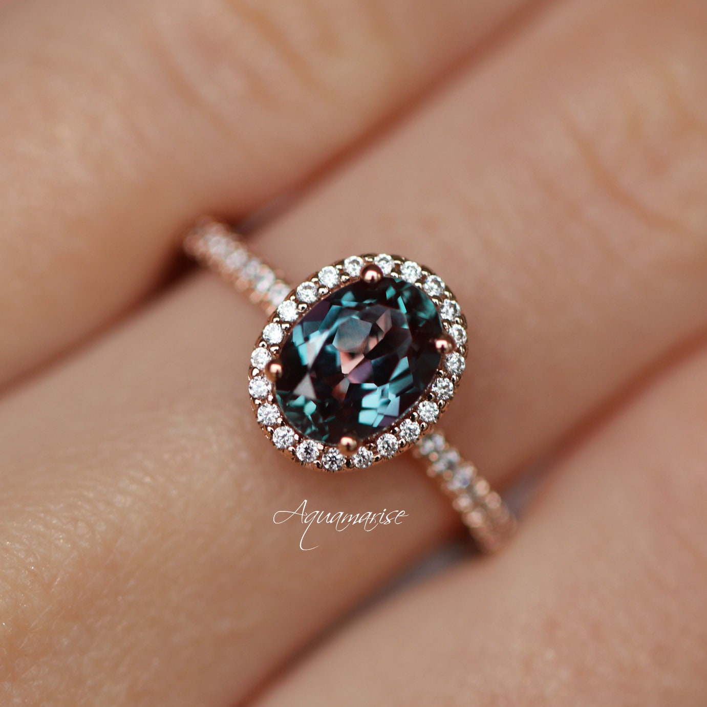 Iris Teal & Purple Oval Alexandrite Engagement Ring- 14K Solid Rose Gold