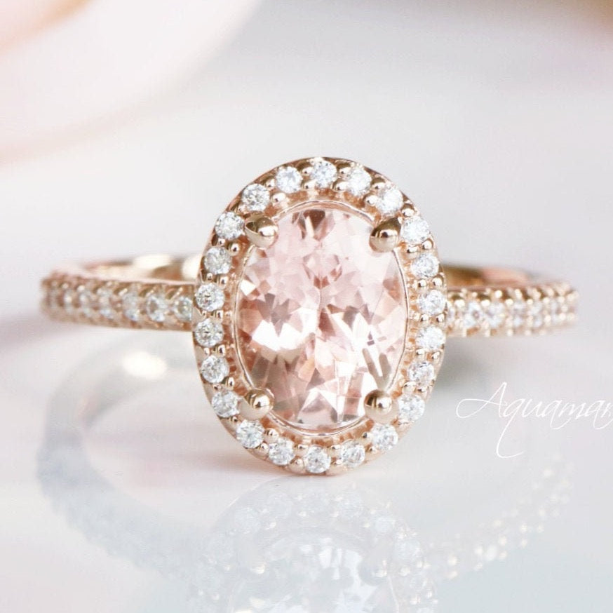 Iris Oval Halo Morganite Engagement Ring- 14K Solid Rose Gold