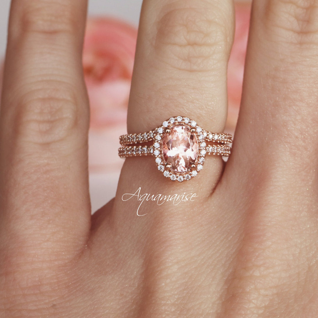 Iris Oval Halo Morganite Engagement Ring- 14K Solid Rose Gold