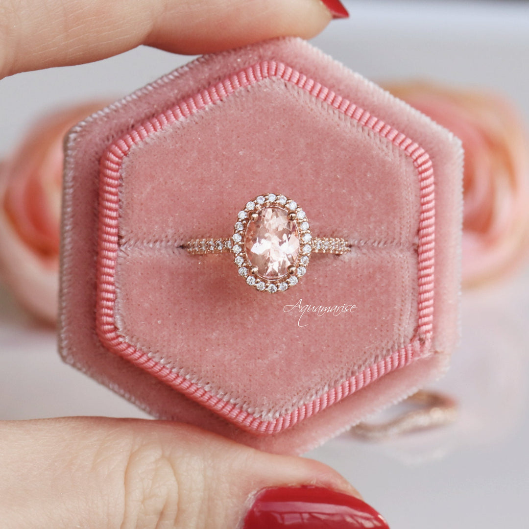 Iris Oval Halo Morganite Engagement Ring- 14K Solid Rose Gold