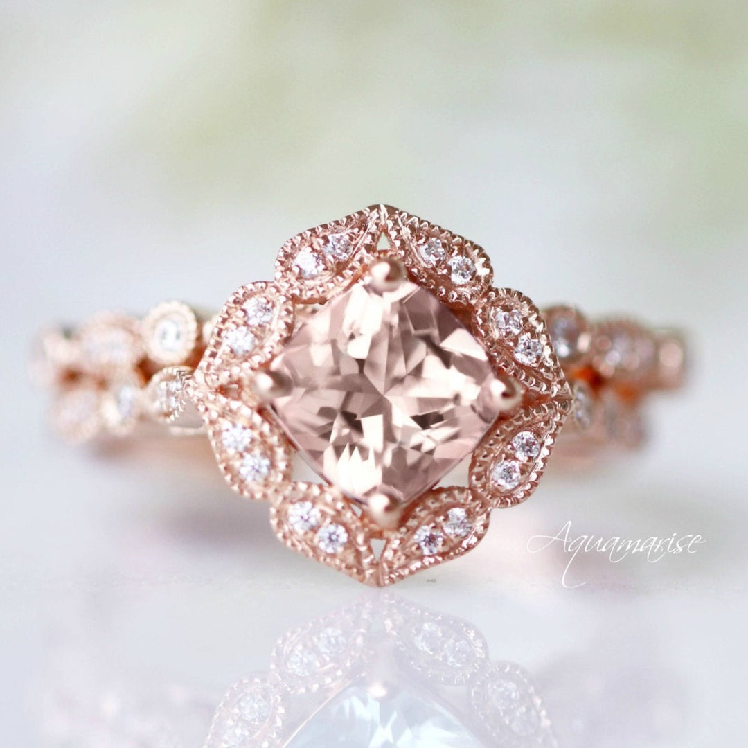 Luxe Morganite Engagement Ring- 10K/14K/18K Solid Rose Gold