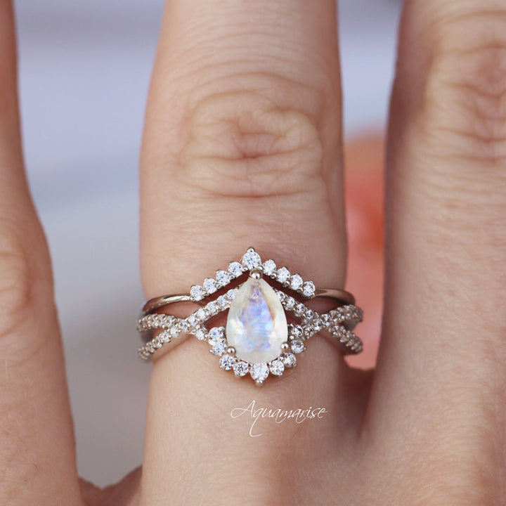 Alice Rainbow Natural Moonstone Engagement Ring- 14K White Gold