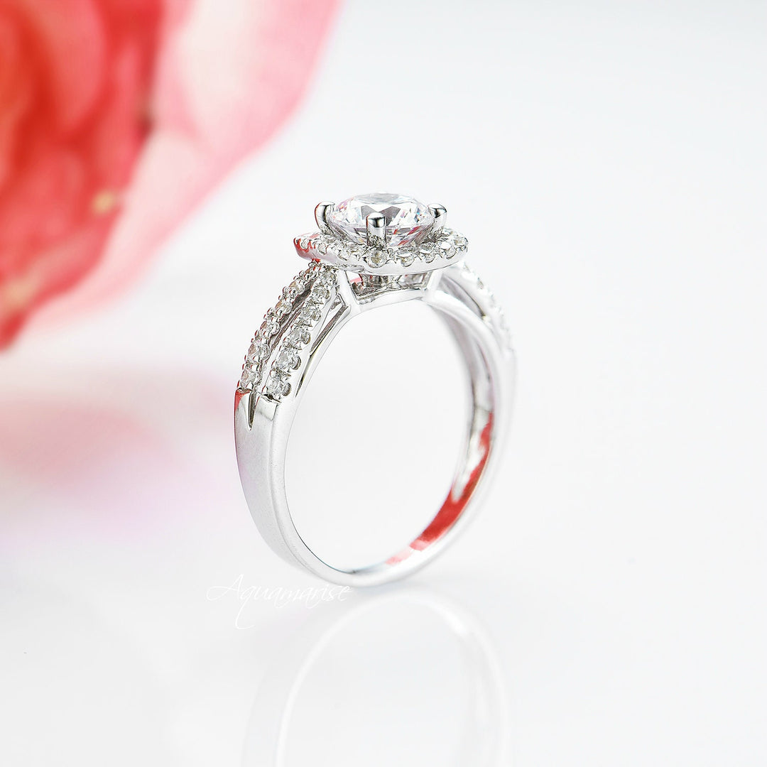 Halo Moissanite Engagement Ring- 14K White Gold