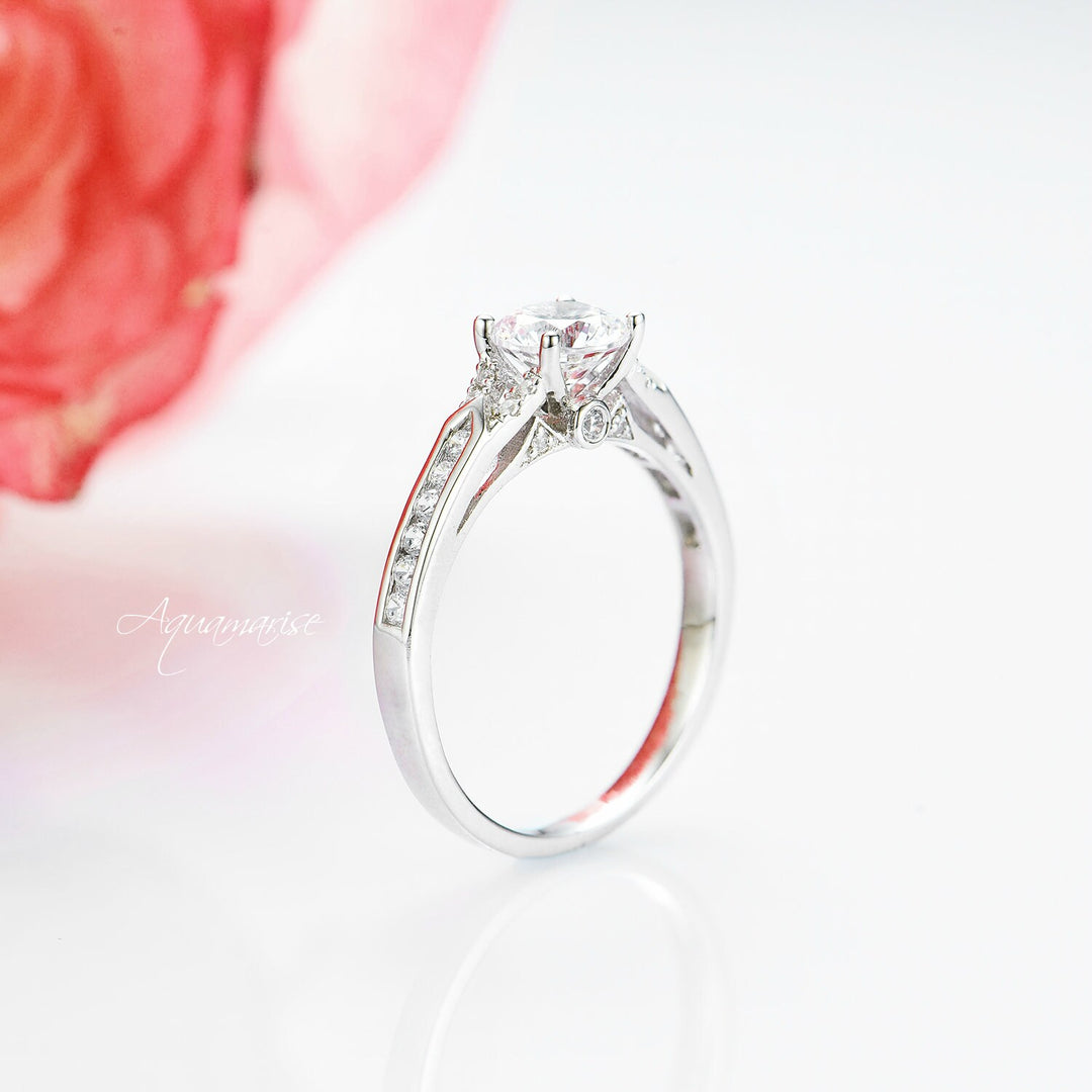 Round Cut Moissanite Engagement Ring- 14K White Gold