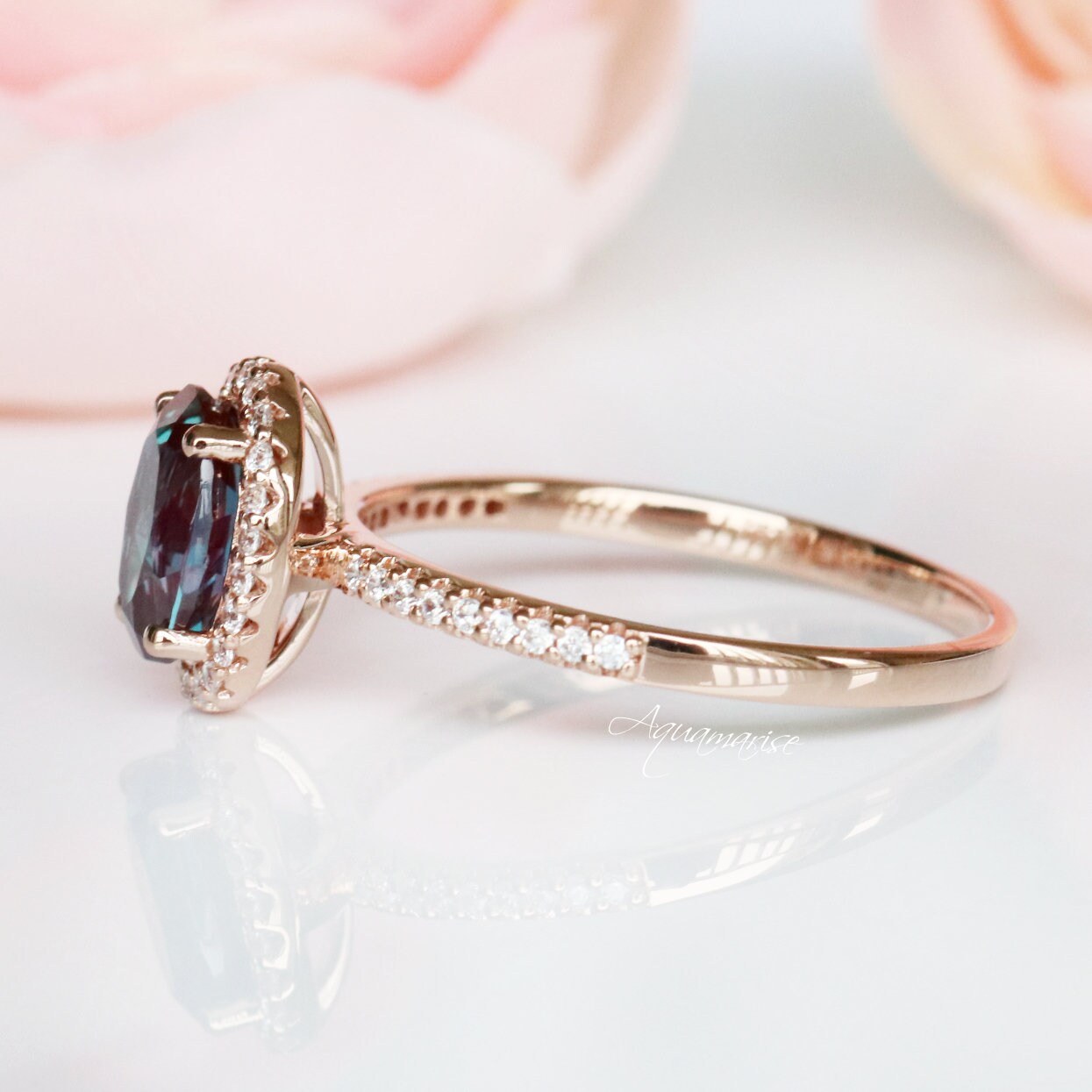 Iris Teal & Purple Oval Alexandrite Engagement Ring- 14K Solid Rose Gold