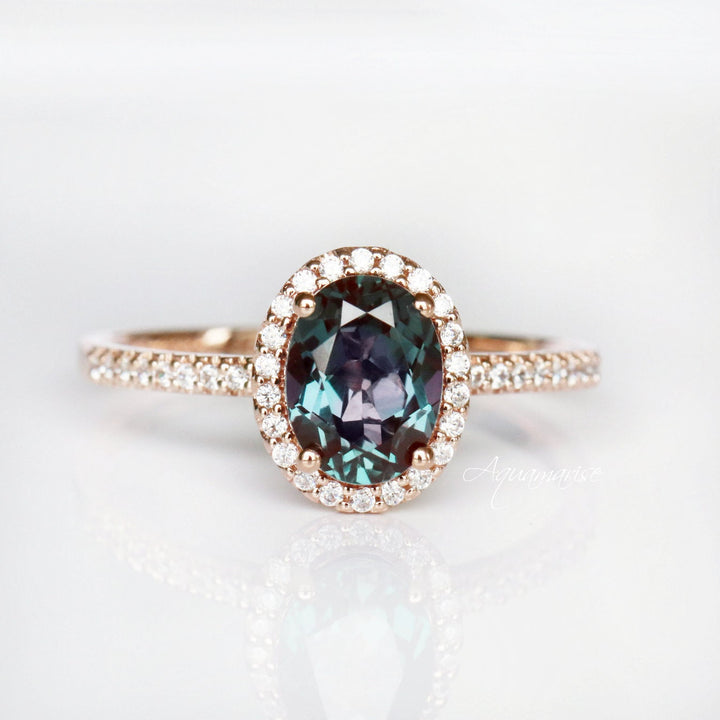 Iris Teal & Purple Oval Alexandrite Engagement Ring- 14K Solid Rose Gold