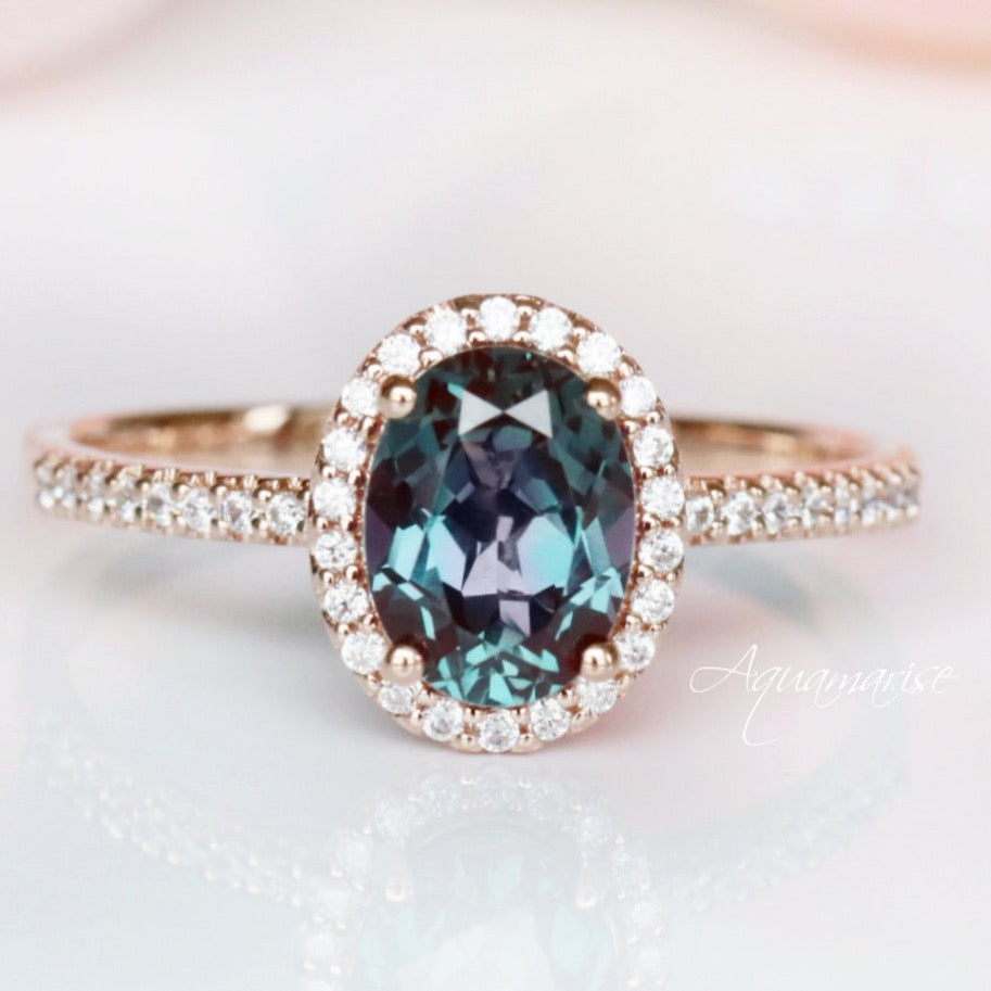 Iris Teal & Purple Oval Alexandrite Engagement Ring- 14K Solid Rose Gold