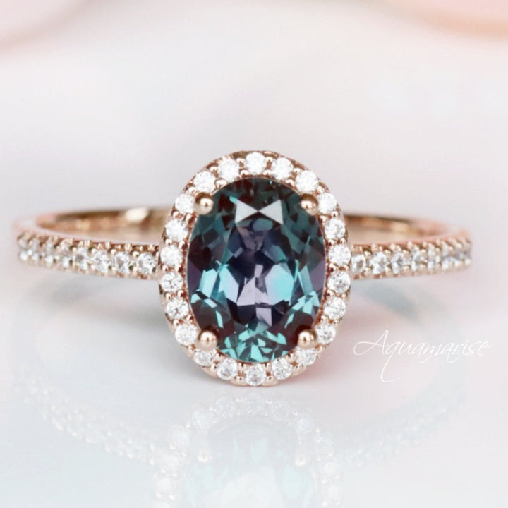 Iris Teal & Purple Oval Alexandrite Engagement Ring- 14K Solid Rose Gold