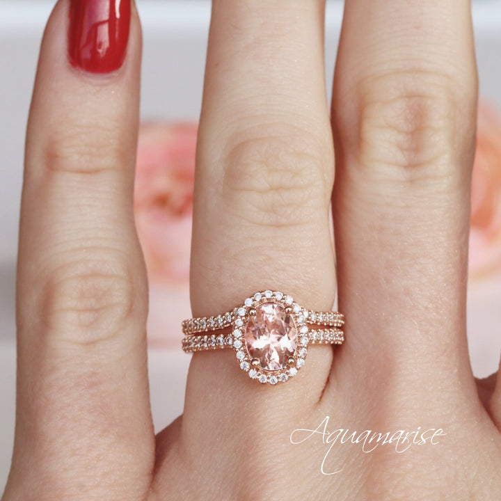 Iris Oval Halo Morganite Engagement Ring- 14K Solid Rose Gold