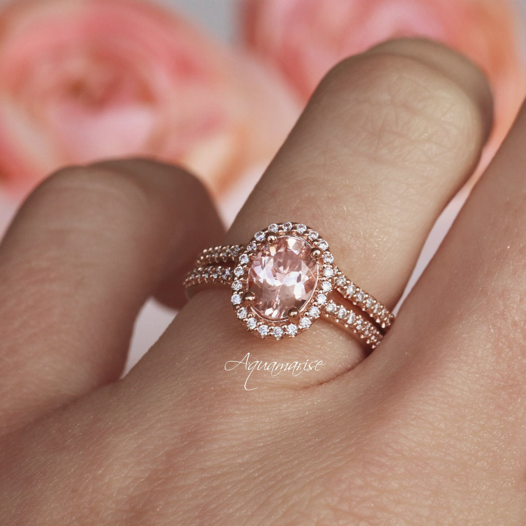 Iris Oval Halo Morganite Engagement Ring- 14K Solid Rose Gold