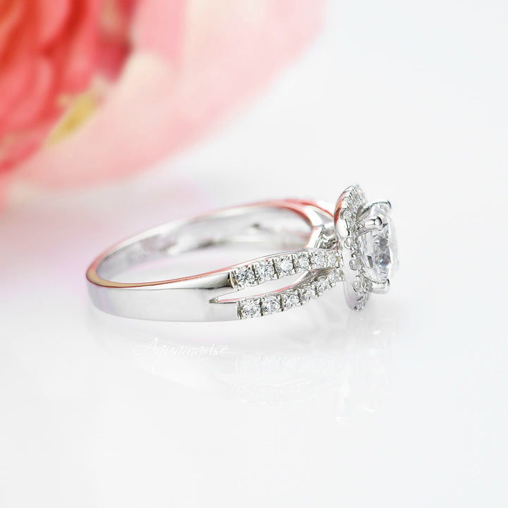 Halo Moissanite Engagement Ring- 14K White Gold