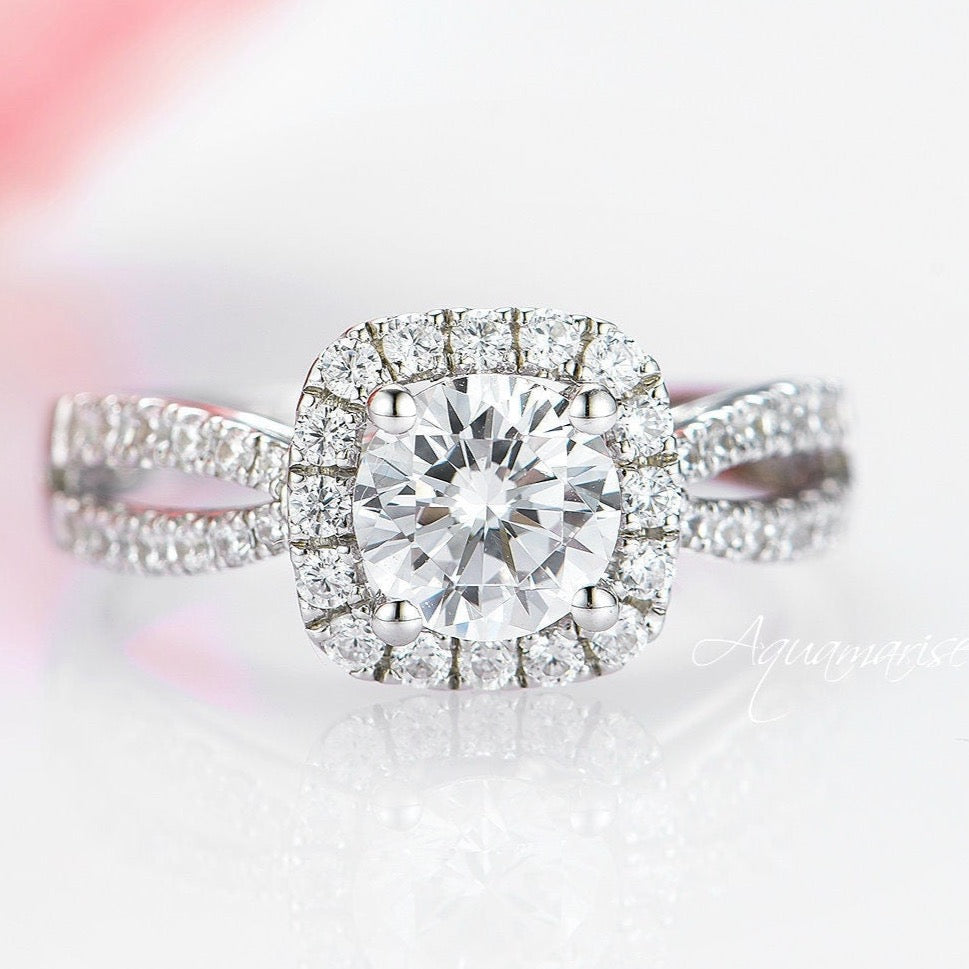 Halo Moissanite Engagement Ring- 14K White Gold