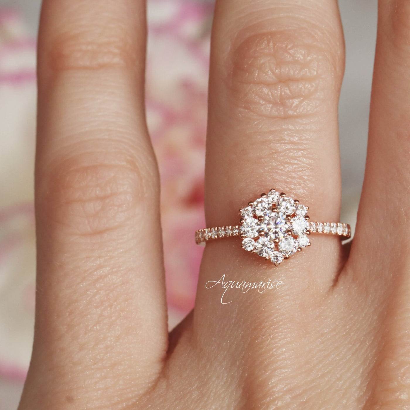Snowflake Natural Diamond Engagement ring- 14K Solid Rose Gold Ring