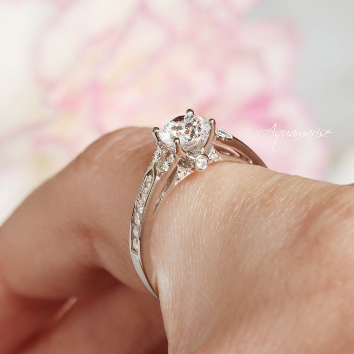 Round Cut Moissanite Engagement Ring- 14K White Gold