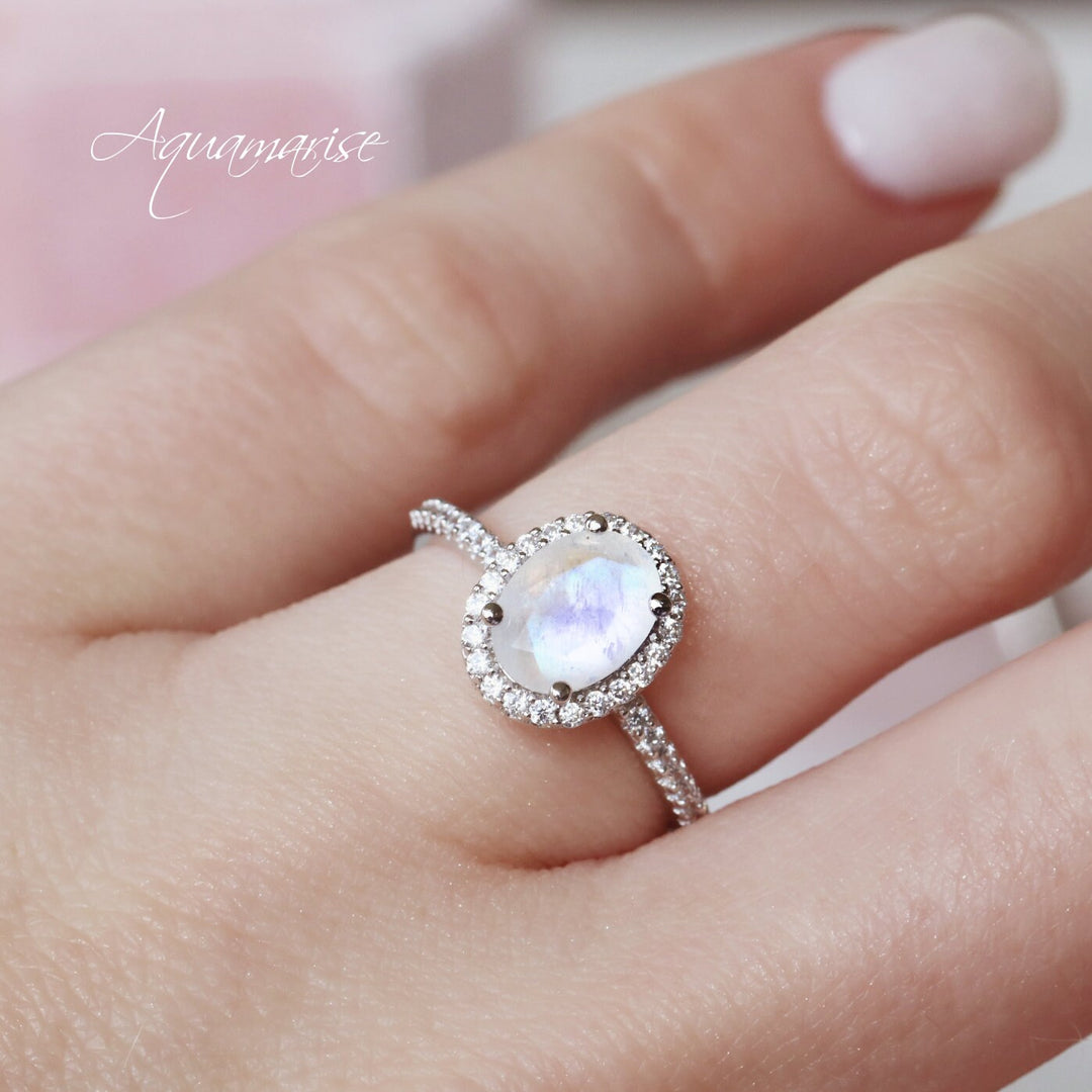 Iris Natural Rainbow Moonstone Ring- Sterling Silver