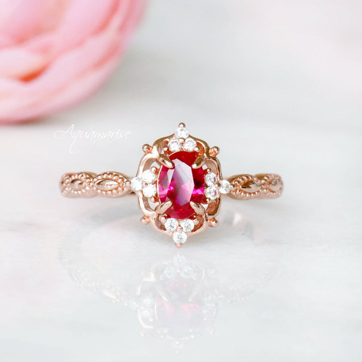 Claire Vintage Ruby Engagement Ring- 14K Solid Rose Gold