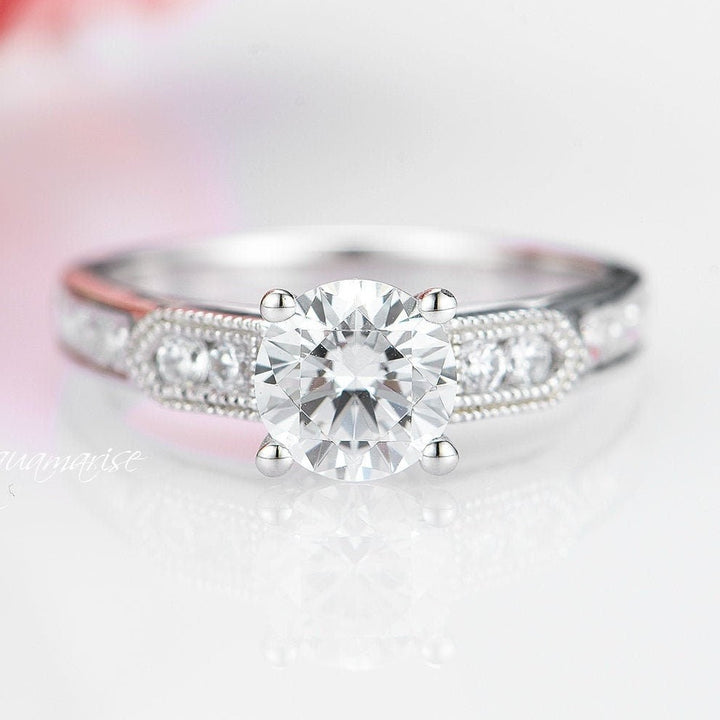 Round Cut Moissanite Engagement Ring- 14K White Gold Ring